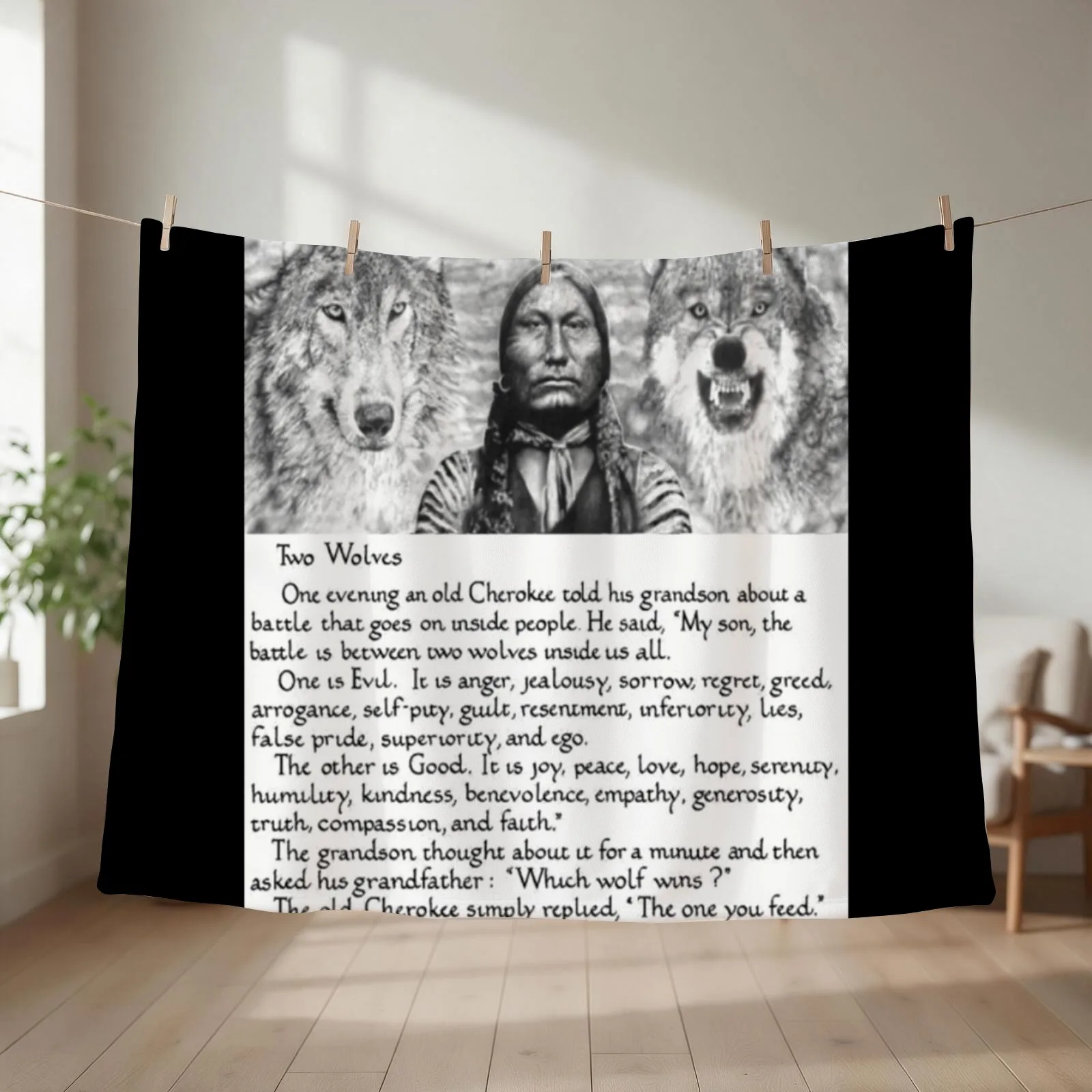 Wise Cherokee saying/ story about 2 wolves Throw Blanket Flannel Fabric Multi-Purpose Stuffeds Camping Blankets