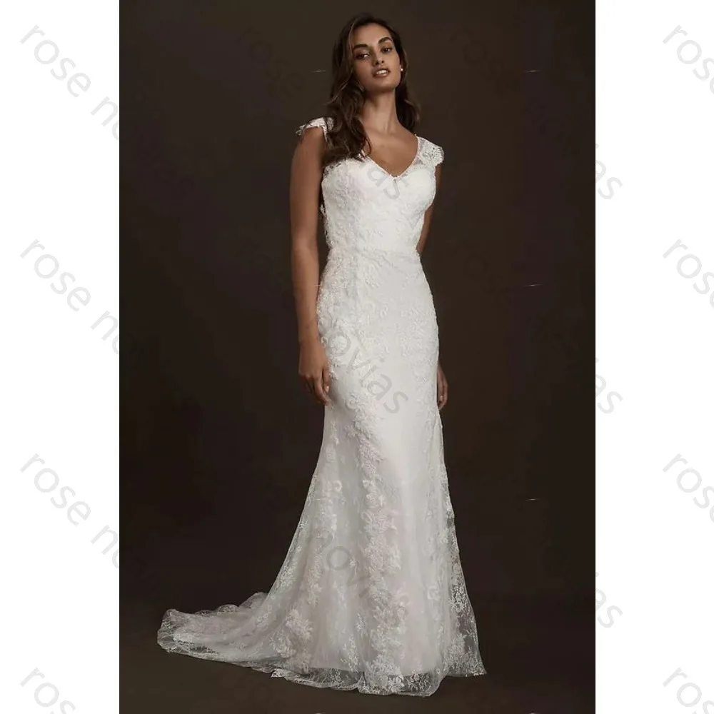 Customized White Lace Elegant Wedding Dress V-Neck A-line High Quality Appliques for Floor-length for Exclusive for the Bride