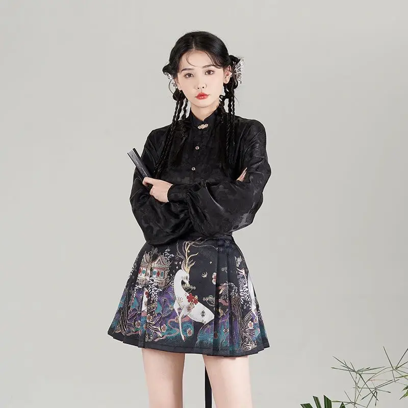 

Korea Skirt Improved Ming Dynasty Exquisite Printed Women High Waist All-Match Pleated Mini Horse-Face Skirt