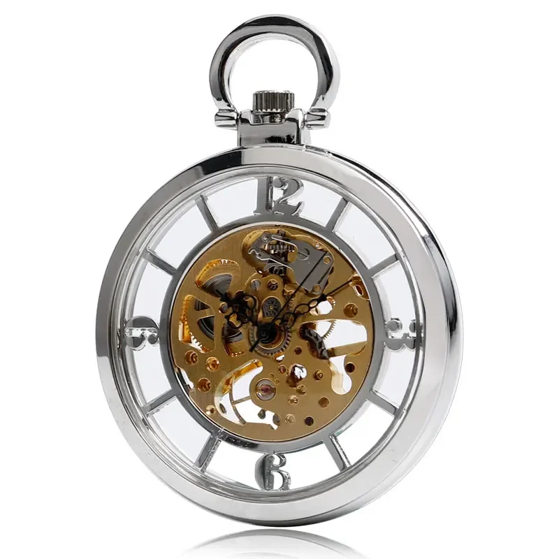 Transparent Hollow Hand Wind Mechanical Pocket Watch Men Women Open Face Vintage Steampunk Skeleton Clock Pendant Chain Gift