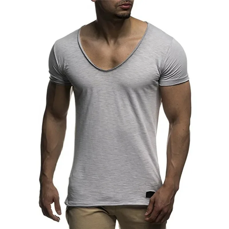 Summer Men\'s Casual Short Sleeve T-shirt Fashion Solid Color V-neck Gym Fitness Muscle Shirt Casual Joker Basic T-shirt