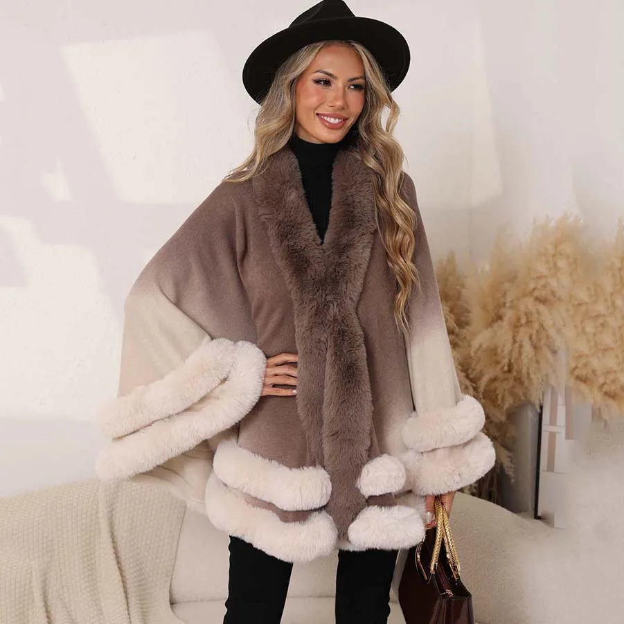 

Роскошная двухслойная накидка с отделкой из искусственного меха, модная вязаная накидка с градиентным цветом, осенне-зимнее теплое большое пончо, верхняя одежда для вечеринок и повседневной носки