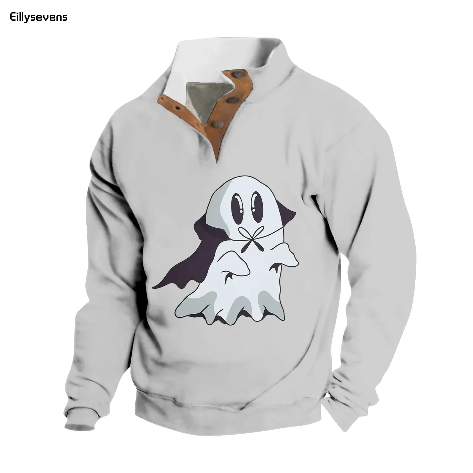 

Men‘S Halloween Ghost Print Sweatshirt Spring And Autumn Style Standing Collar Pullover Long-Sleeved Sweatshirt Fashion Shirt