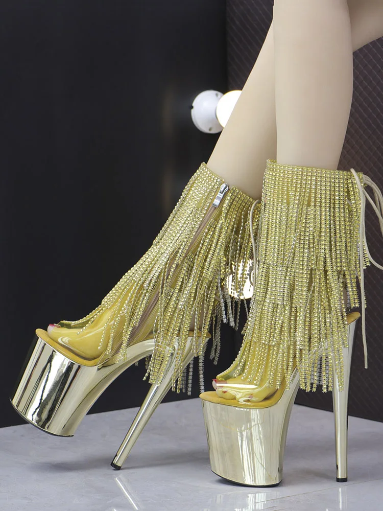 Gold Open Toe Fringe Stripper Heels 20cm Rhinestone Pole Dance Shoes Nightclub Sexy Fetish Exotic Dancer Platform Ankle Boots