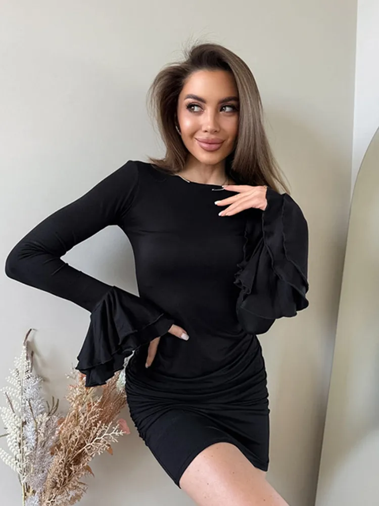 

BKLD Women Clothing Autumn Fashion Slimming Dress Long Sleeve Ruffles Pleated Sexy Y2k Tight Fitting Hip Hugging Dress Party
