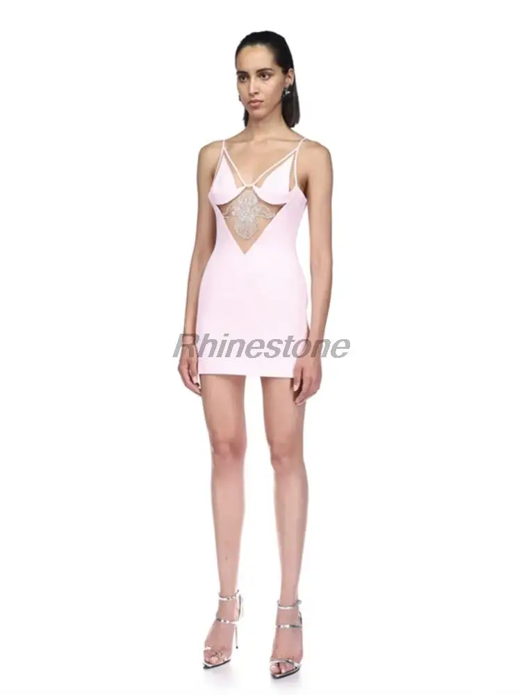 2-color Sexy Perspective Deep V Ultra Short Suspender European And American Fashion Party Dinner Dress