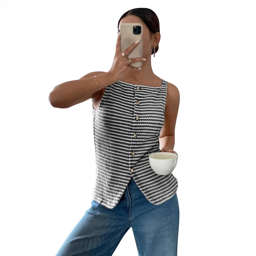 Striped Knitted Texture Sleeveless Top Cropped Beige White Camisole Summer Clothes Women Tank Top Button Front Square Neck Vest
