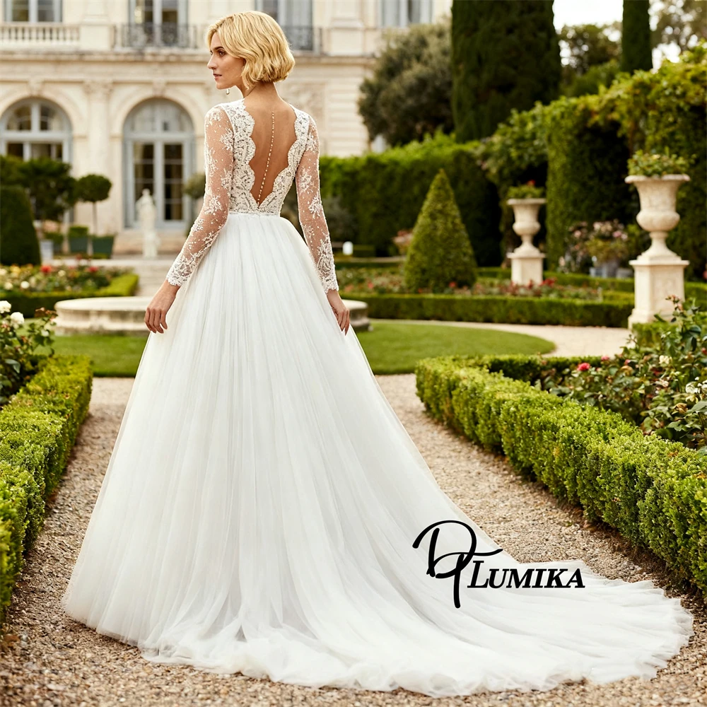 DTLumika Full Illusion Sleeves Bride Dresses for Women Deep V neck Lace Wedding Dress Cusotmized Sheer Back Bridal Gown