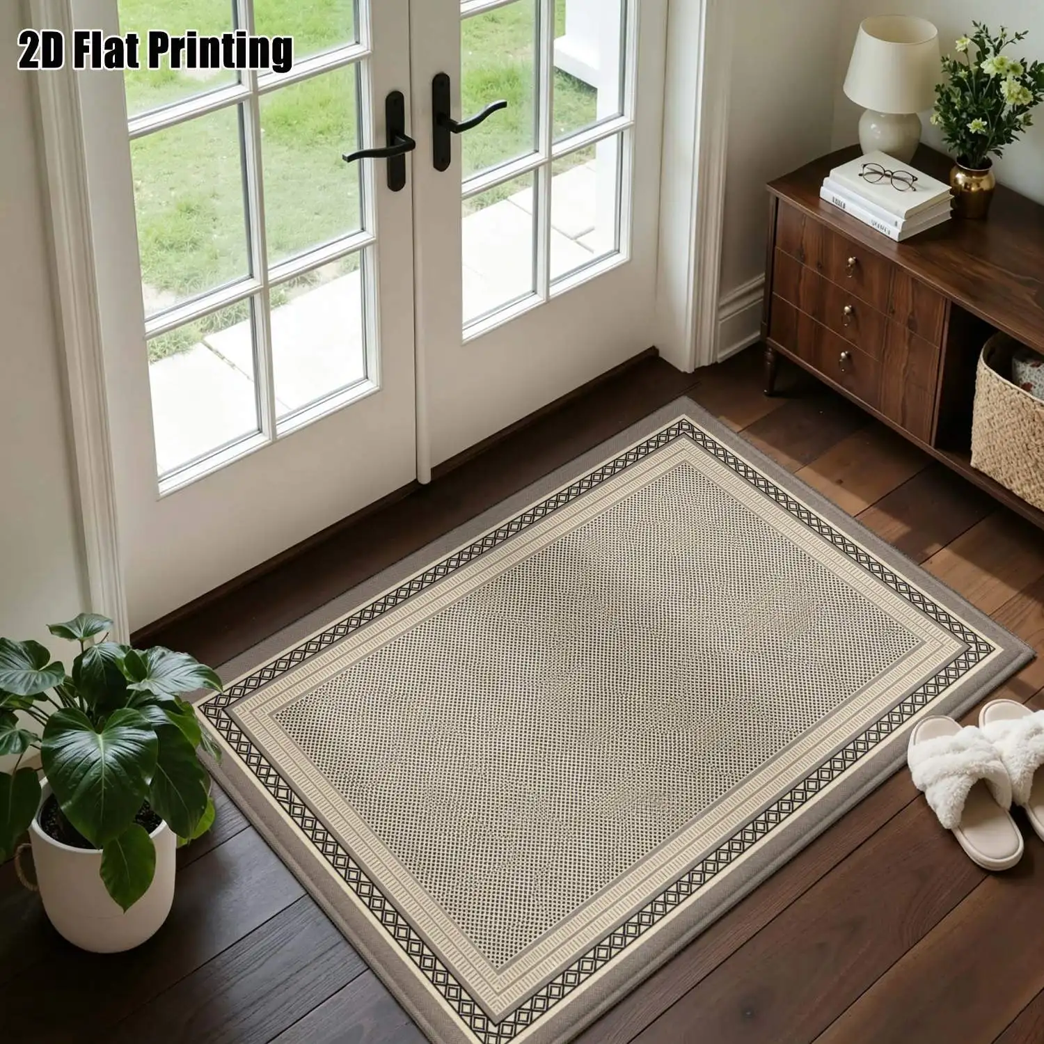 1Pc 2D Printed Carpet: Light Brown Geometric Border, Nordic Modern Simple, Home Decor, Multi-Size, Machine Washable, for Entrance/Dining Room/Bedroom/Study/Living Room