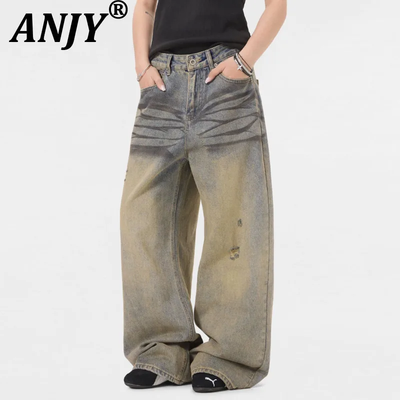 

ANJY Spring Autumn Fashion Tide Punk High Street Jeans Unisex Cat Whiskers Distressed Pleated Trendy Wide-Leg Denim Pants A11576