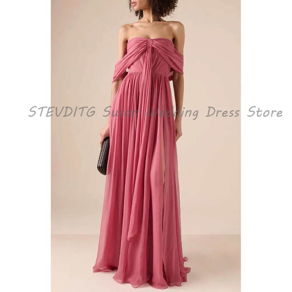 Elegant Pink Evening Dresses Women Off The Shoulder High Quality Floor Length Straight Banquet Celebrity Female Simple Gowns