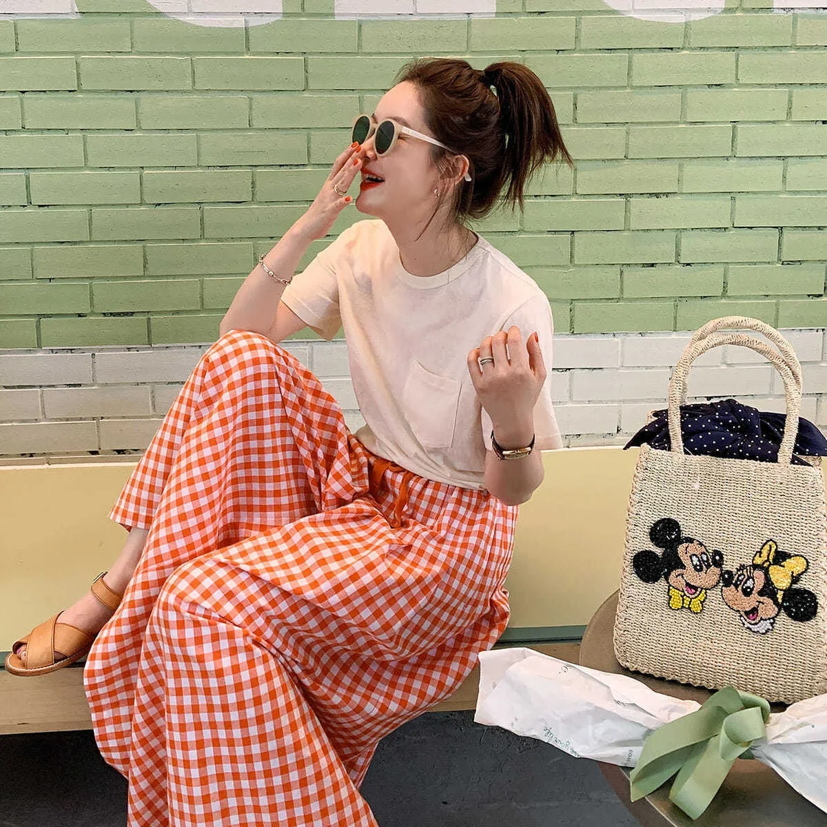 الصيف منقوشة عالية الخصر التخسيس فضفاضة تناسب سراويل تقليدية المرأة تنوعا Skort بنطلون مريح تنفس القطن الكتان #1