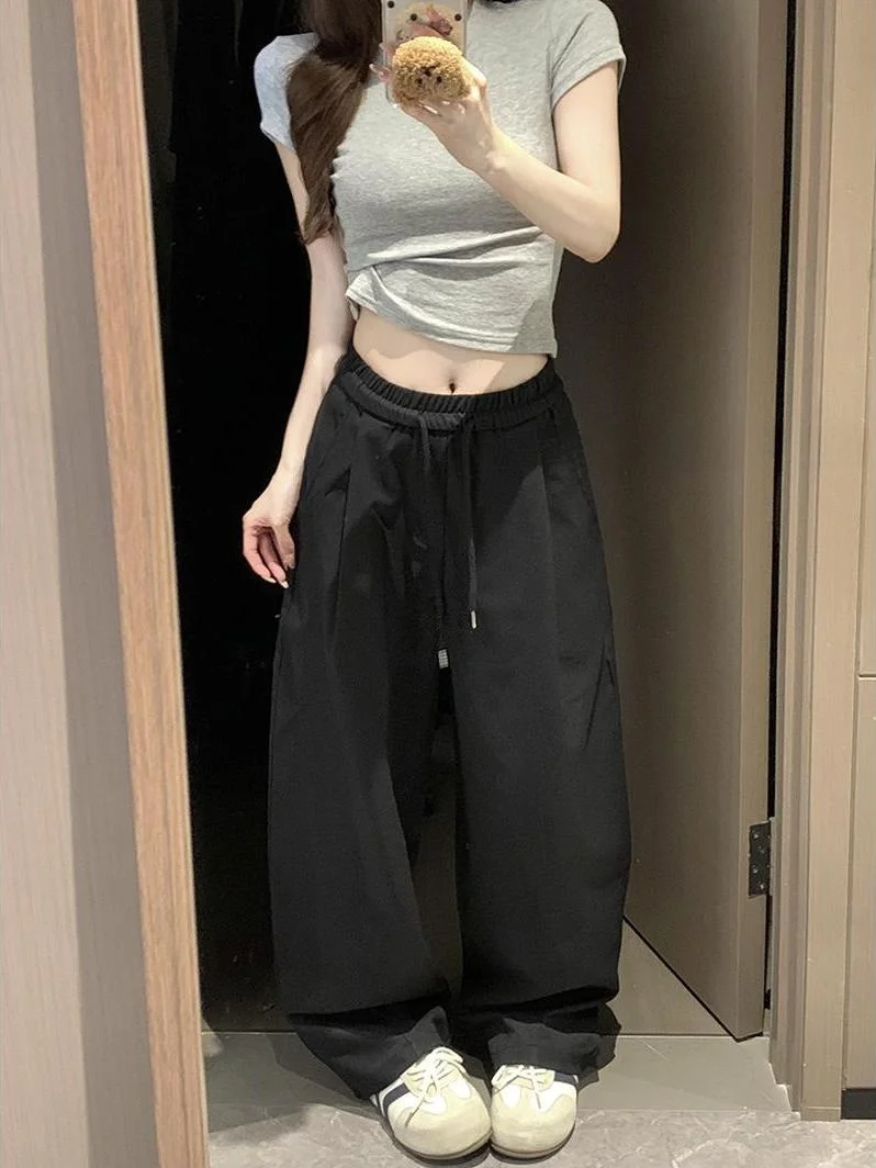 

American Style Wide Leg Drawstring Casual Pants Women Summer New Thin Lazy High Waist Floor Length Loose Long Trousers