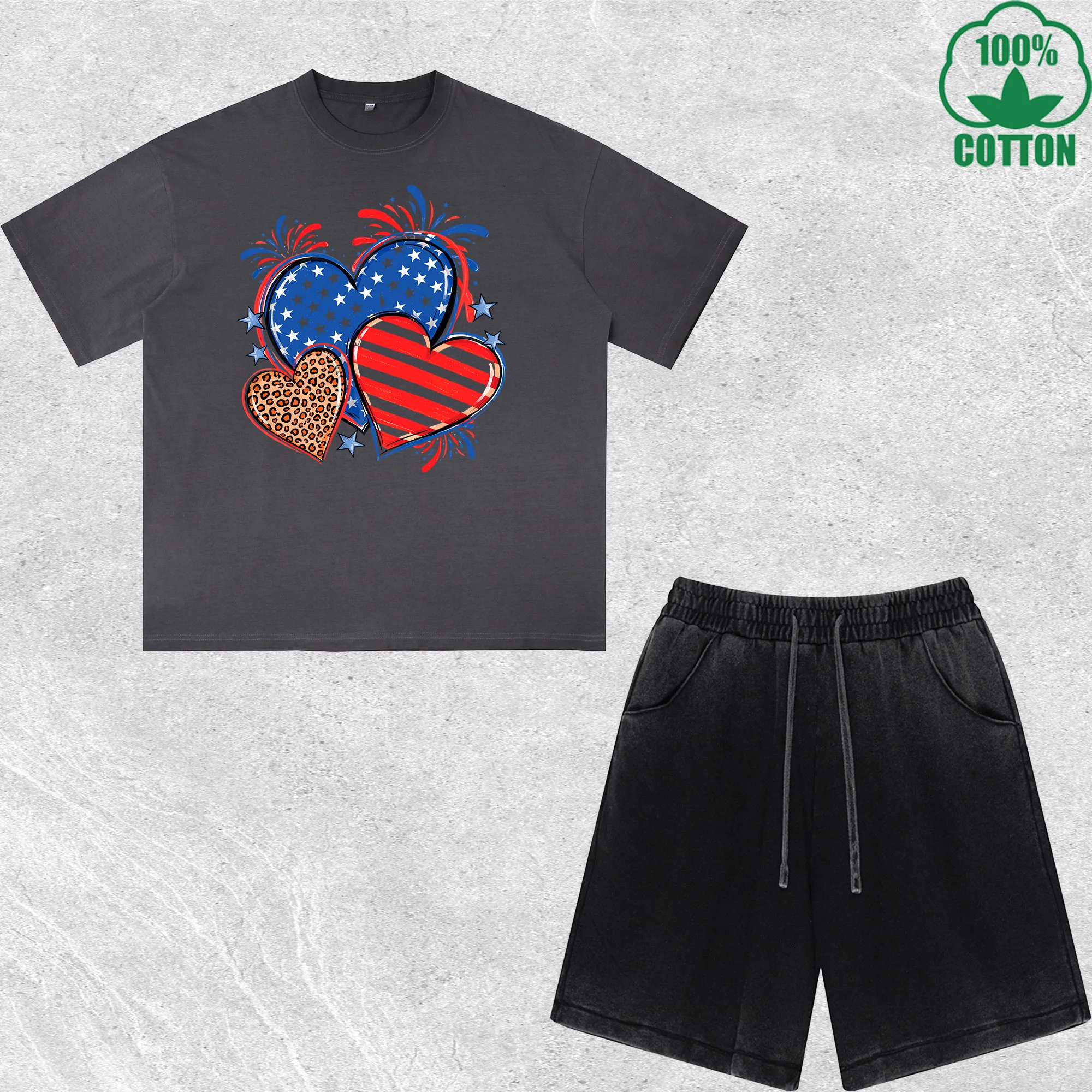 

Love Independence Day Printed Dirty Wash T-Shirt Shorts Set Multicolor Combo Loose Trendy 100%Cotton