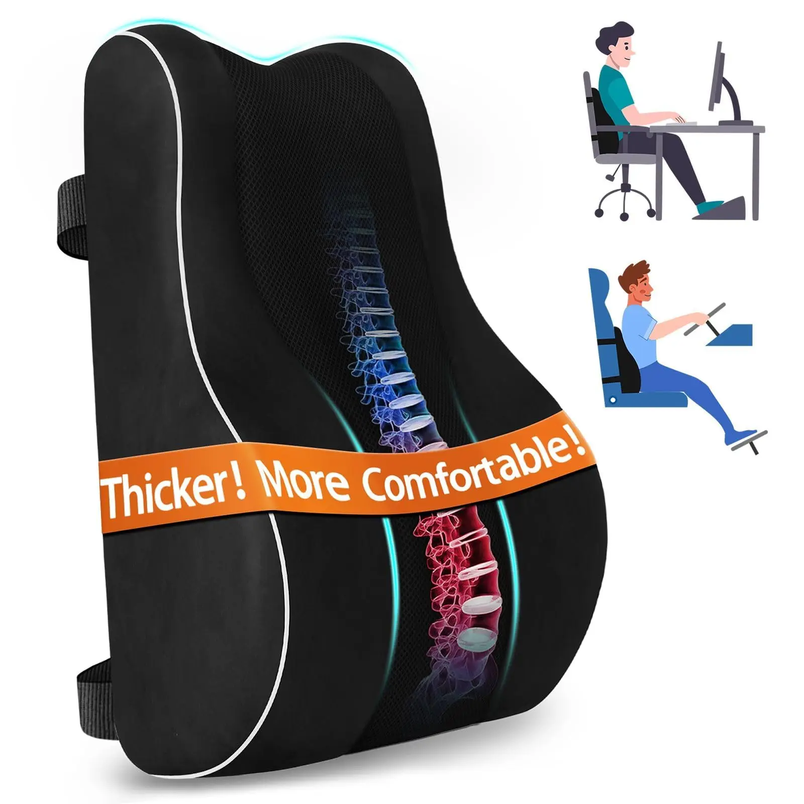 

Эргономичная подушка для поясницы из пены с эффектом памяти, для облегчения боли в пояснице, с регулируемыми ремнями, сетчатым чехлом, для офиса, игр, автомобиля, черная