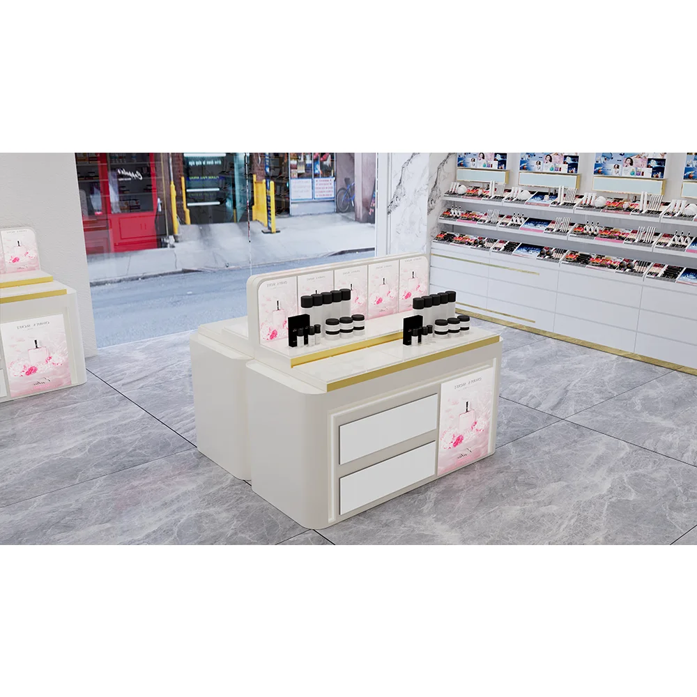 Rak Display Parfum LED Logo Kustom, Meja Display Kosmetik Putih untuk Salon Kecantikan