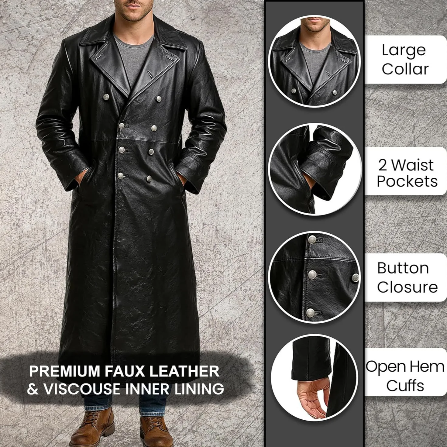 Men's Double-Breasted Black Leather Windbreaker Vintage Classic Officer Uniform Long Jacket