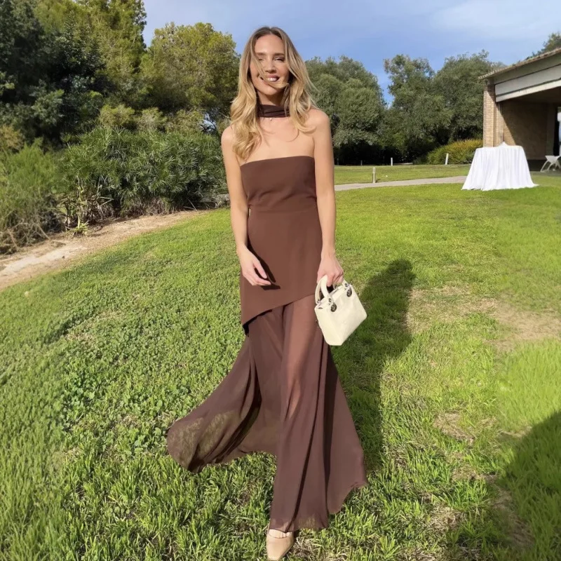 Spring and Summer Elegant Women's Tube Top Slim Dress Fashionable Solid Color Mesh Splicing Dress Off-the-shoulder Evening Dress