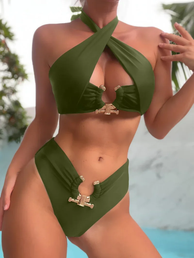 Sexy cross halter Bikini Sets two pieces swimsuit metal ring high waist bathing suit monokini swimwear women biquini bakini