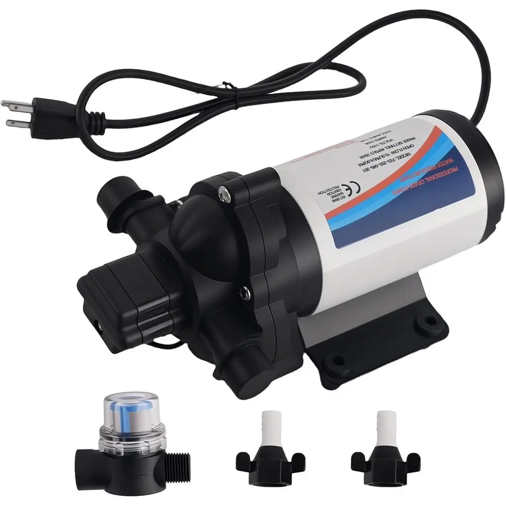 

Водяной насос для автодома, 115 В, 45PSI, 4GPM, самовсасывающий водяной насос, мембранный насос, насос для пресной воды с колючими фитингами для автофургонов, лодок, яхт