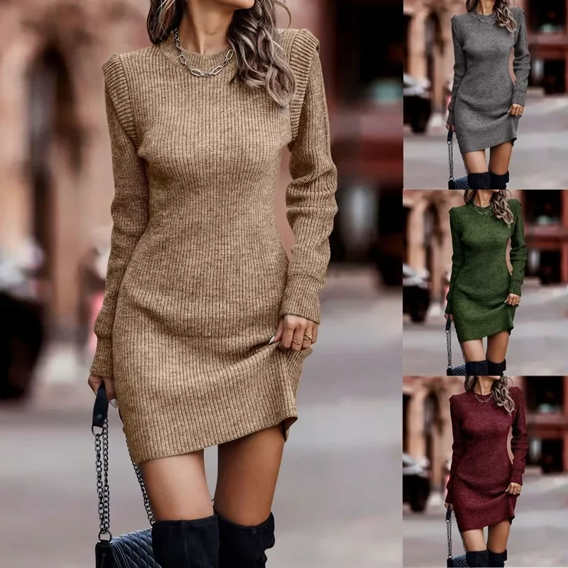 

Autumn Women O-Neck Long Sleeve Knitted Sweater Dress Spring Elastic Slim Fit Party Dresses Y2k Mini Dress Streetwear