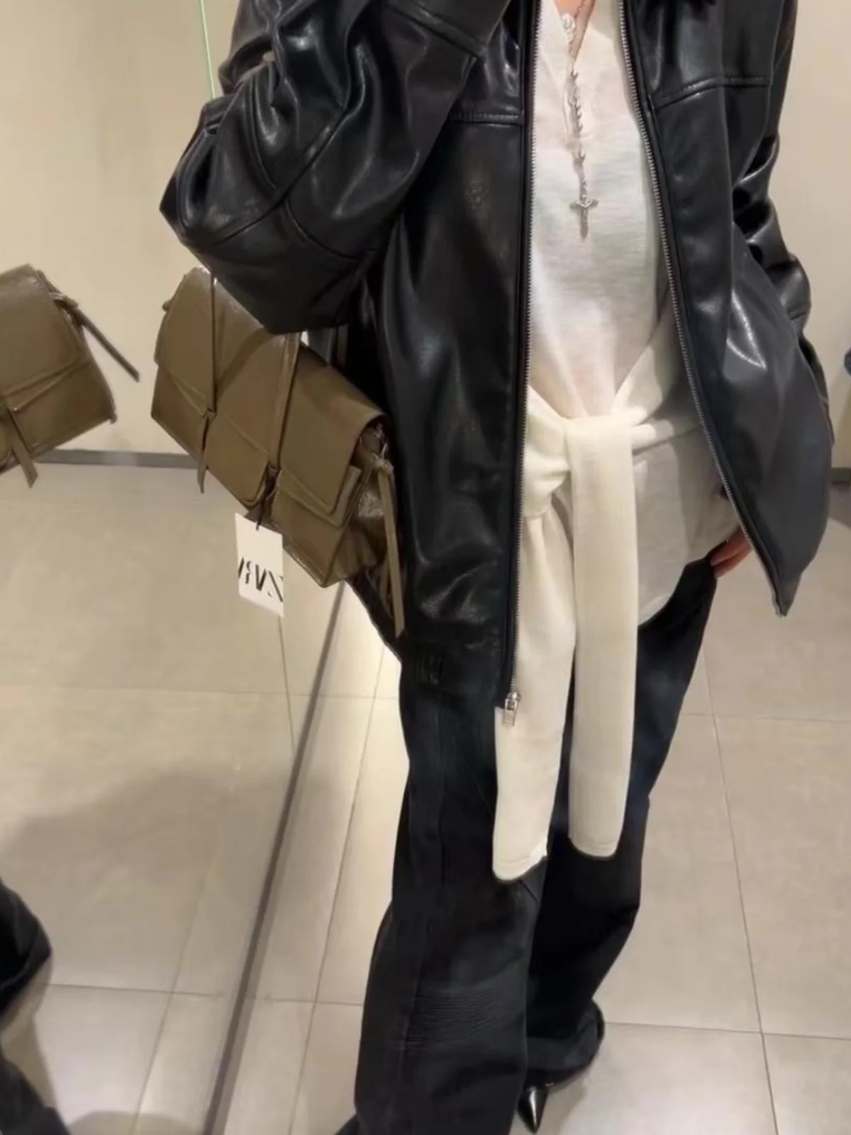 ربيع الخريف المرأة الجديدة فضفاضة الأمريكية Sle فو الجلود الطيار Jaet ملابس خارجية طويلة Sve سستة إغلاق الشارع Sle #4