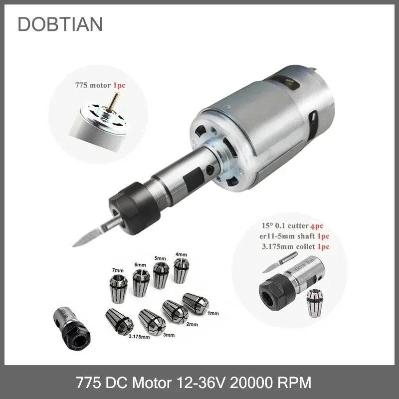 775 DC Motor 12-36V 20000 RPM Ball Bearing Spindle Motor with ER11 Extension Rod Carving Knife for CNC Router Machine