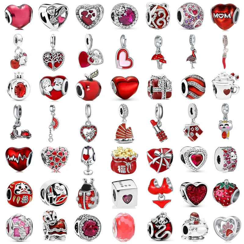 

New Fashion Glamour Original Red Bikini Lipstick Strawberry Heart Beads Fit Original Pandora Ladies Bracelet Jewelry Gift