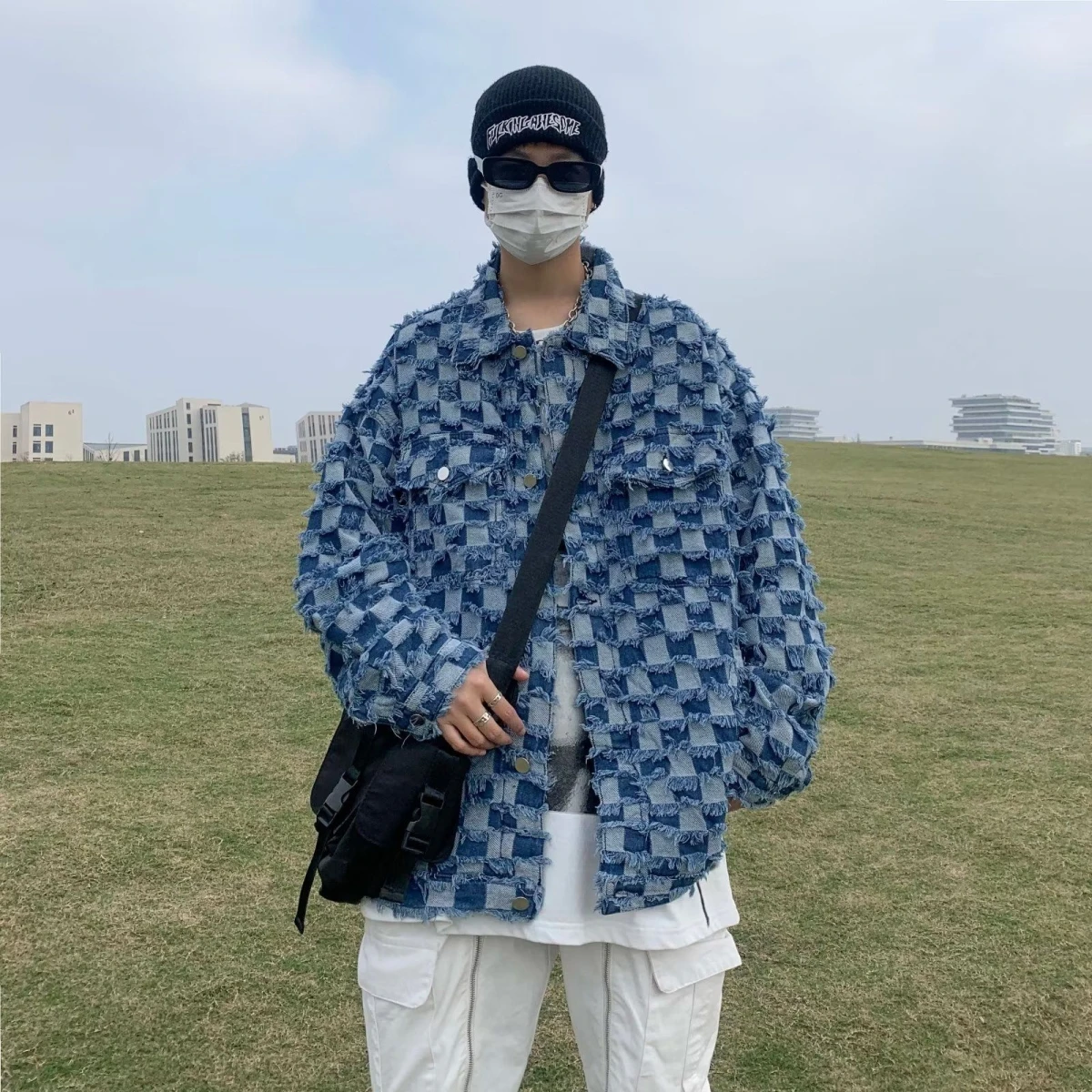 

Retro American Sle Men's Denim Jaet Autumn Winter Casual Loose Workwear Jaet Chboard Pattern Outerwear for Youth