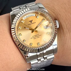 Tandorio Luxury NH36A Watch for Men Automatic Movement Classic Roman Dial Diamond Markers Day Date Sapphire Jubilee Band 36/39mm