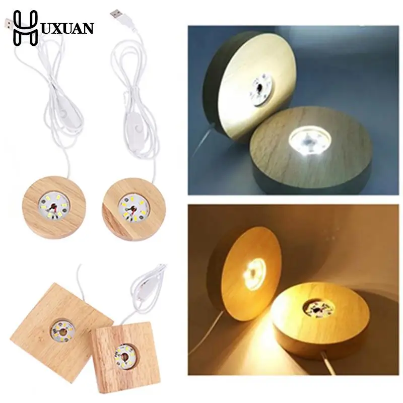 Wooden LED Light Dispaly Base Crystal Glass Resin Art Ornament Wooden Night Lamp Base LED Light Rotating Display Stand 7/8cm