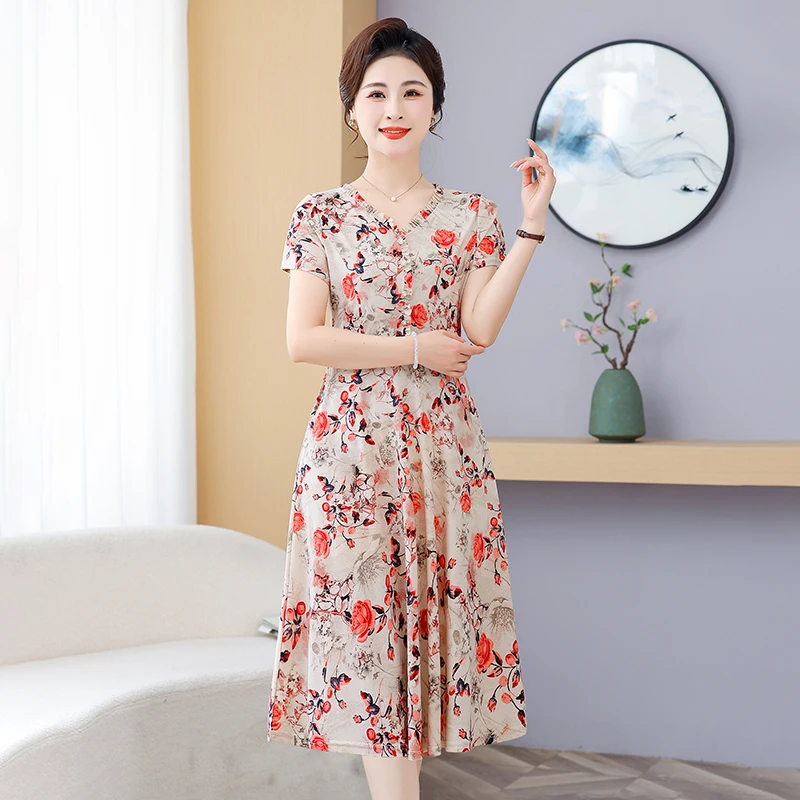 Robe mi-longue décontractée à col rond pour femme, vêtement à fleurs cassées, élégant, cordon de serrage, manches courtes, coréen, basique, ligne a, taille, été
