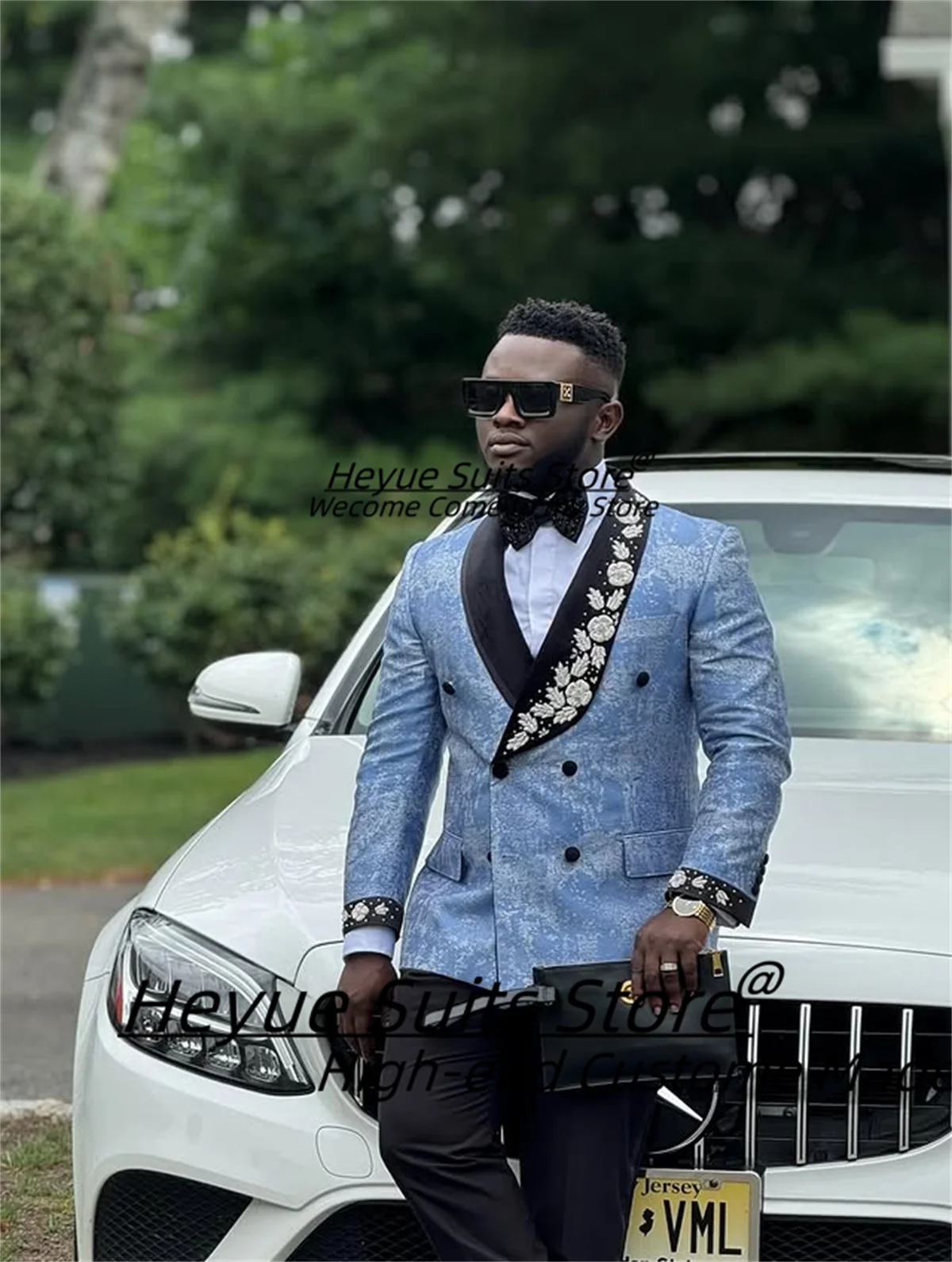 

Sky Blue Jacquard Luxuly Men Suits Elegant Shawl Lapel Embroidery Groom Wedding Tuxedos 2 Pieces Sets Male Blazers Customized