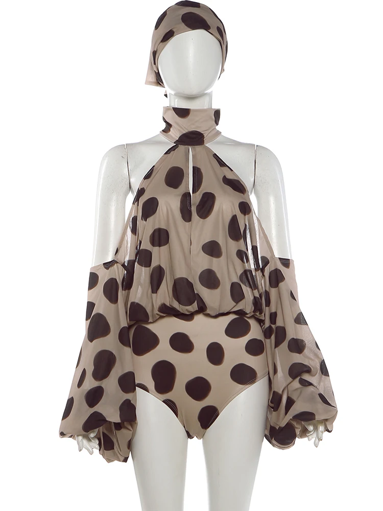 Weird Puss Dot Patchwork-Print-Playsuit + Kopftuch, Damen-Strampler mit Neckholder, schulterfreiem Rückenausschnitt und Laternenärmeln im Street-Fashion-Stil – Detail 3
