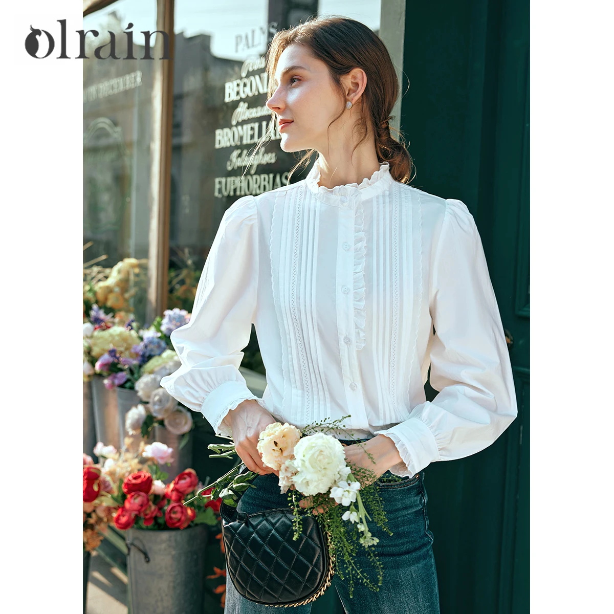 

OLrain French White Shirt Women's Summer 2025 New Fungus Edge Long Sleeve Shirt Top O24CC89012