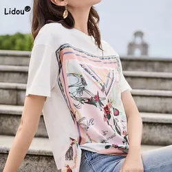 Korean Printed Patchwork Fashion Round Neck T-shirt Summer Women's Clothing Casual All-match Female Short Sleeve Tops for Female
