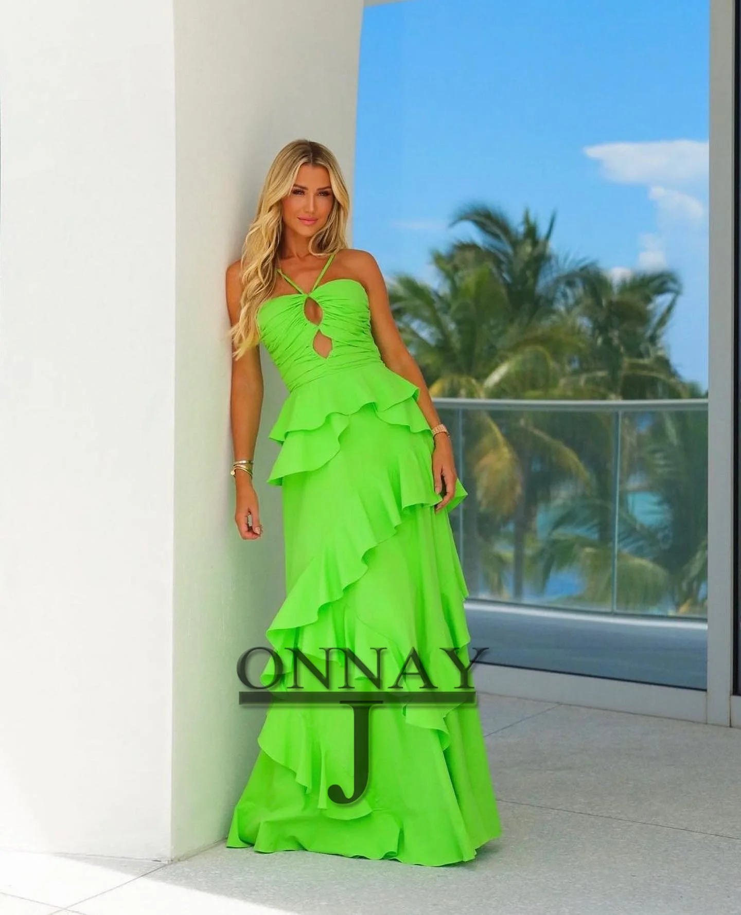 Aangepaste groene chiffon ruches avondjurken voor vrouwen uitgesneden dubai suudi vestidos de fiesta op maat gemaakte formele feestjurk plus