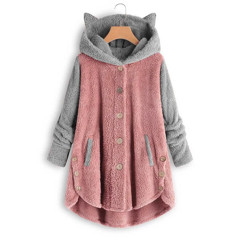 

Casual Plush Sweatshirt Autumn Winter Fashion Hooded Cat Ears Single Breasted Patchwork Contrasting Color Long Sleeved Coat