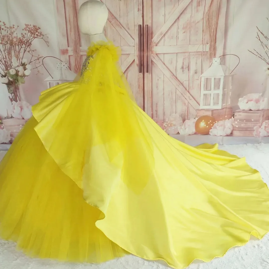 Vestidos de niña de flores amarillas para boda, vestido largo hasta el suelo de princesa con lentejuelas para sesión de fotos, vestidos de primera comunión personalizados
