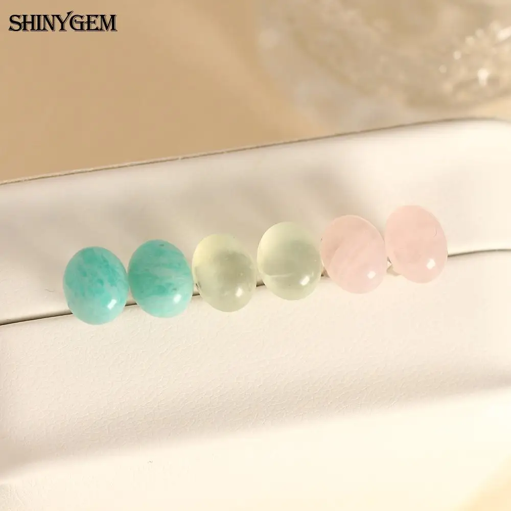 SHINYGEM Natural Stone Amazonite Earrings Women 925 Sterling Silver Labradorite Prehnite Rose Quartz Gem Crystal Stud Earrings
