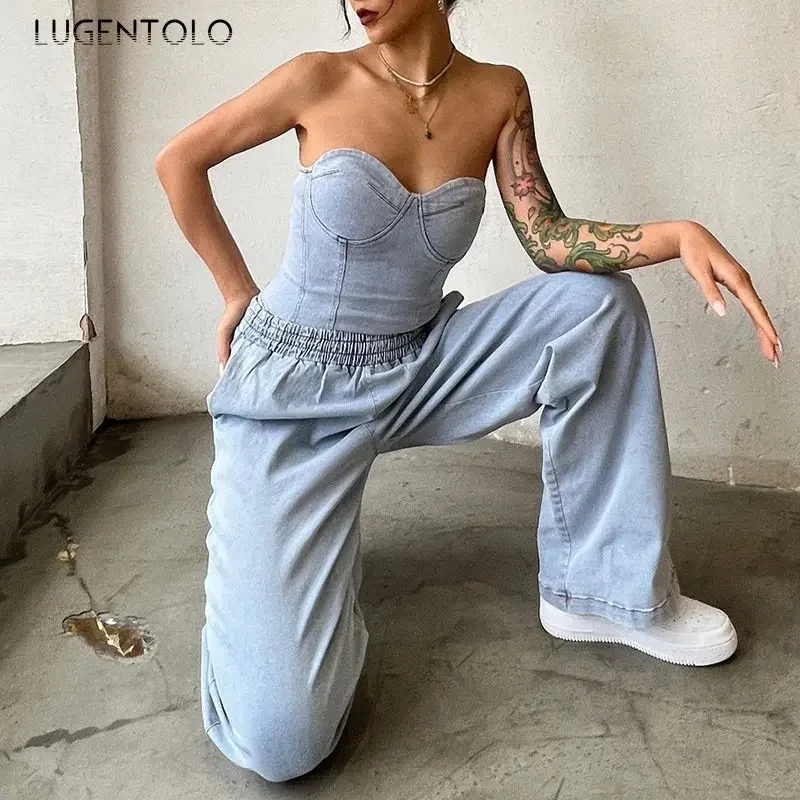 

Denim Elasticity Sleeveless Tank Jeans Long Pants Set Women Fashion Causal Summer Sexy Overalls Zipper Vest Casual Trousers Sets