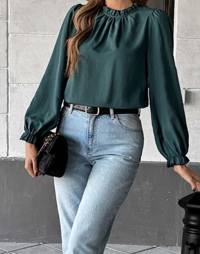 

Vacation leisure style wood ear solid color shirt