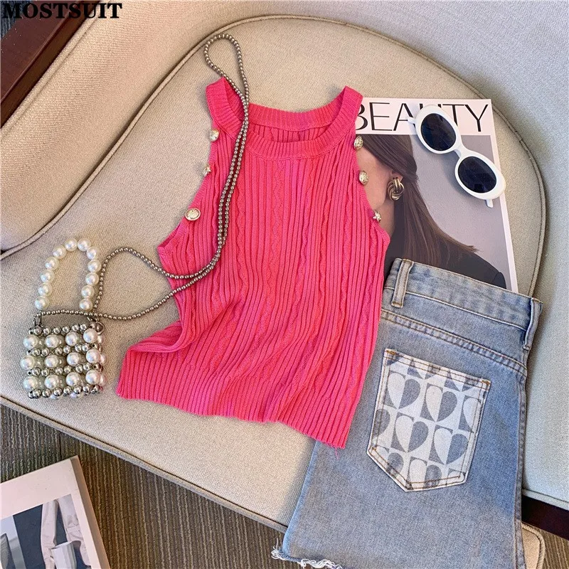 Halter Slim Knit Sweater Vests For Women Crop Tops Jumpers 2024 Summer Buttons Sexy Stylish Fashion Vintage Ladies Jumpers Vest