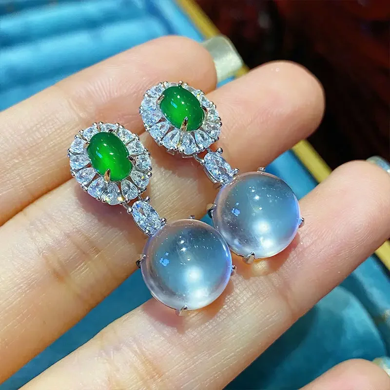 Inspired design new silver diamond natural ice round chalcedony earrings for women luxurys and elegant ladies engagement jewelry