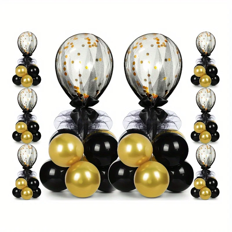 Juego de 8 Centros de Mesa con Globos Negros y Dorados, con 128 Globos de Látex, Palitos Reutilizables para Globos, Tul y Cintas para Decoración de Fiestas