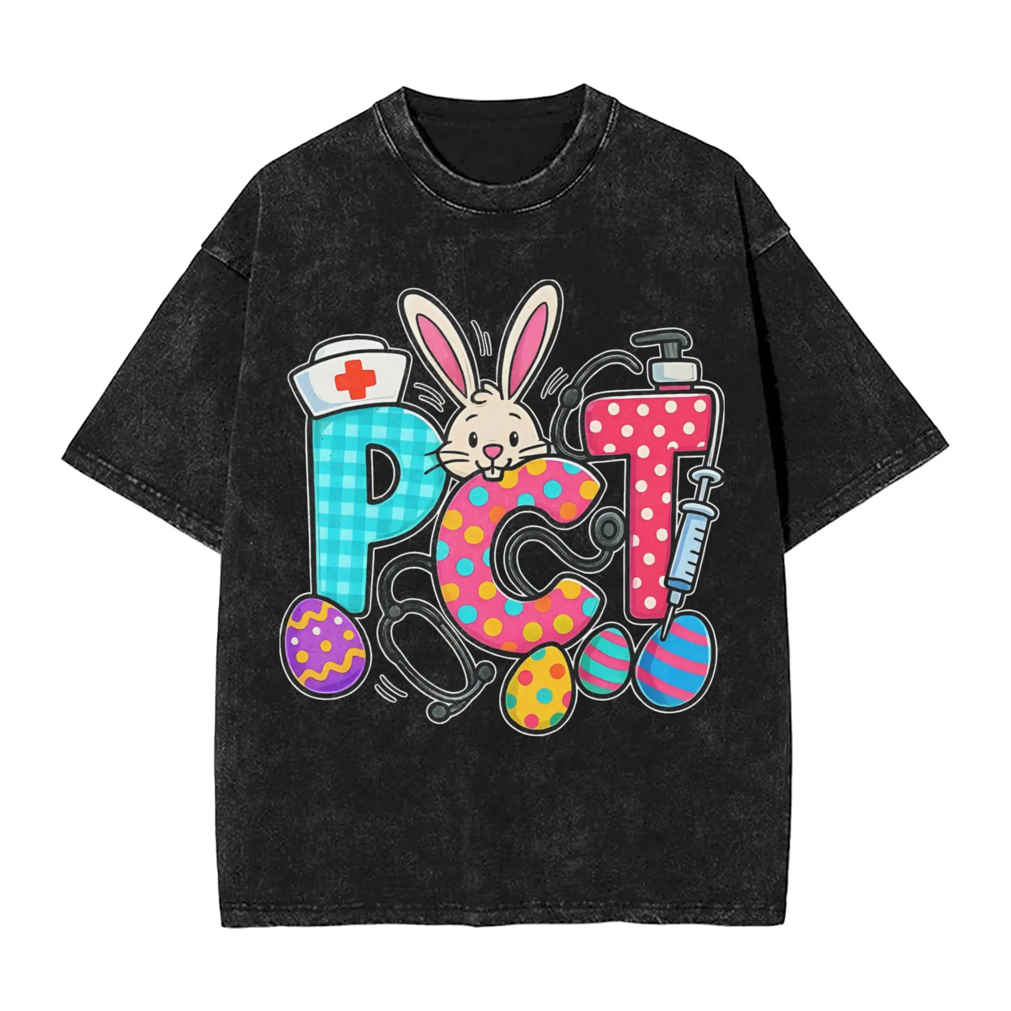 

Colorful PCT Easter Bunny Medical T Shirts Hip Hop Washed Short Sleeve Harajuku T-Shirt for Men Women Streetwear Summer