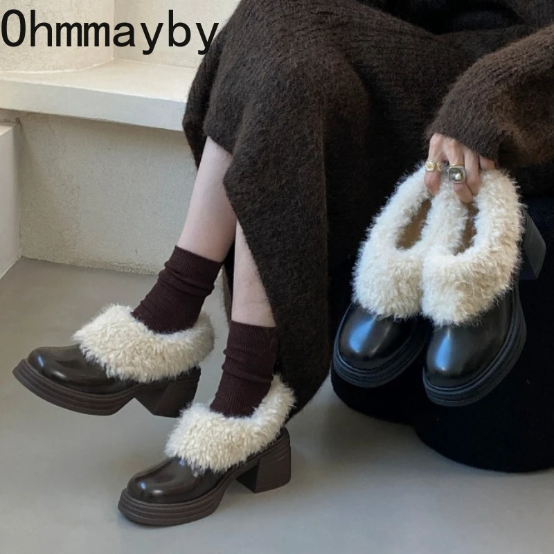 

Autumn Winter Vintage Women Fur Lining Pumps Shoes Concise Shallow Short Plush Shoes Eelgant Dress Thick Heel Leather Shoes