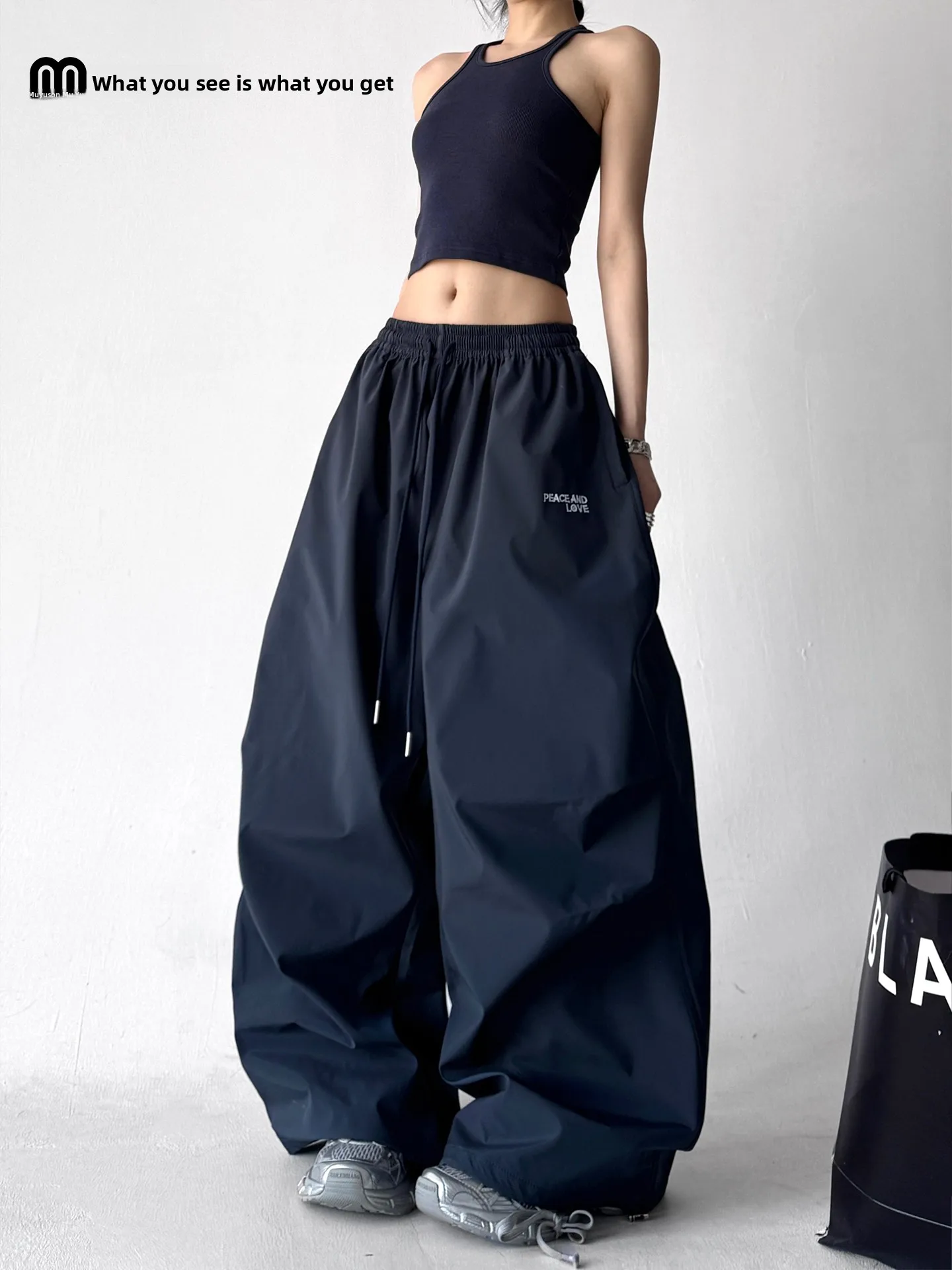 

Повседневные женские брюки с широкими штанинами и завязками, свободного кроя, для весны и осени, синие, с эластичным поясом