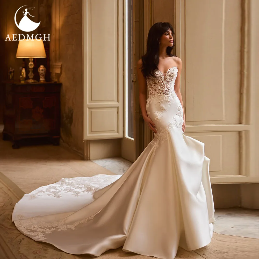 

Aedmgh Русалка Сексуальные свадебные платья без бретелек с открытой спиной Vestido De Novia Кружевные аппликации Матовые атласные свадебные платья на заказ