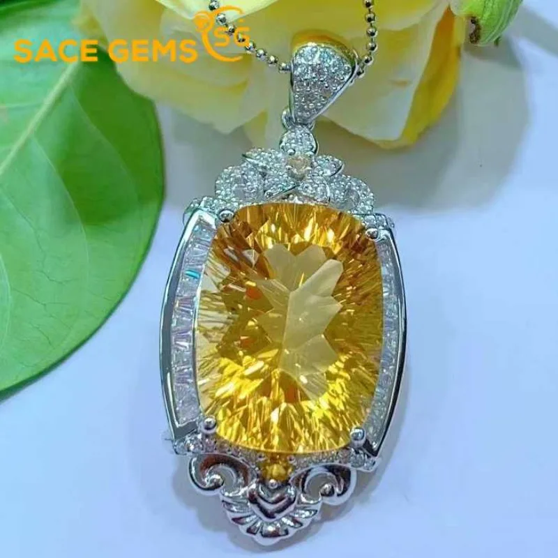 

SACE GEMS S925 Sterling Silver 15*20MM Natual Citrine Pendant Necklaces for Womne Engagement Cocktail Party Fine Jewelry